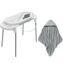 Rotho Babydesign Badestation TOP Xtra Weiß + Kapuzenhandtuch Stone Grey Gratis